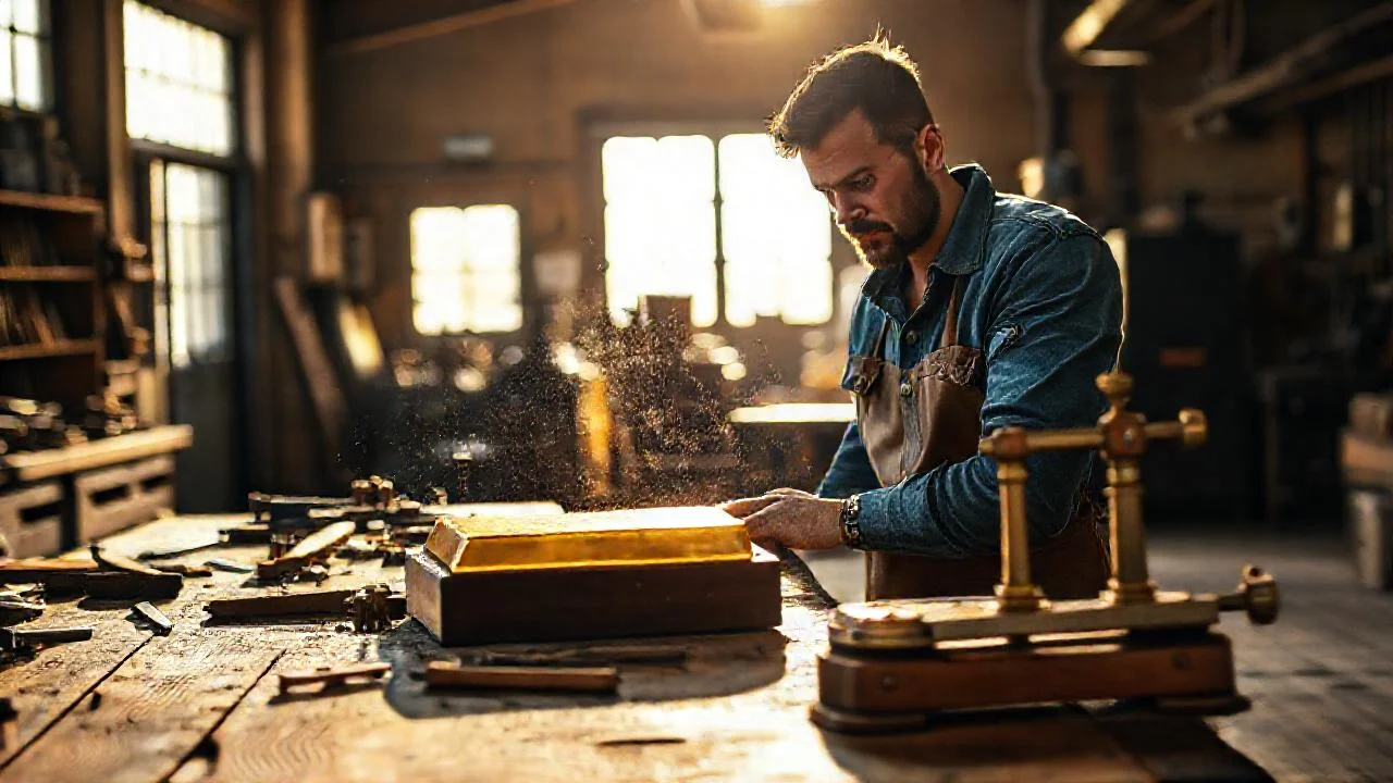 Un artesano trabaja con oro brillante