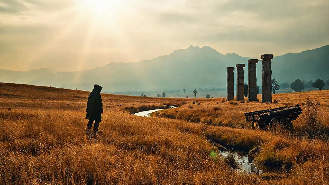 Sol solitario ilumina un paisaje eterno