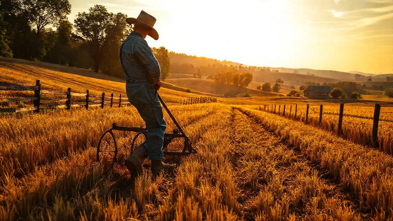 Solitario campesino en un campo dorado