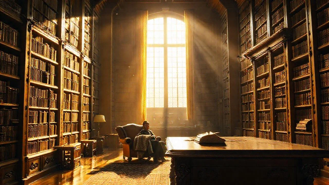 Biblioteca serena, luz y quietud profunda