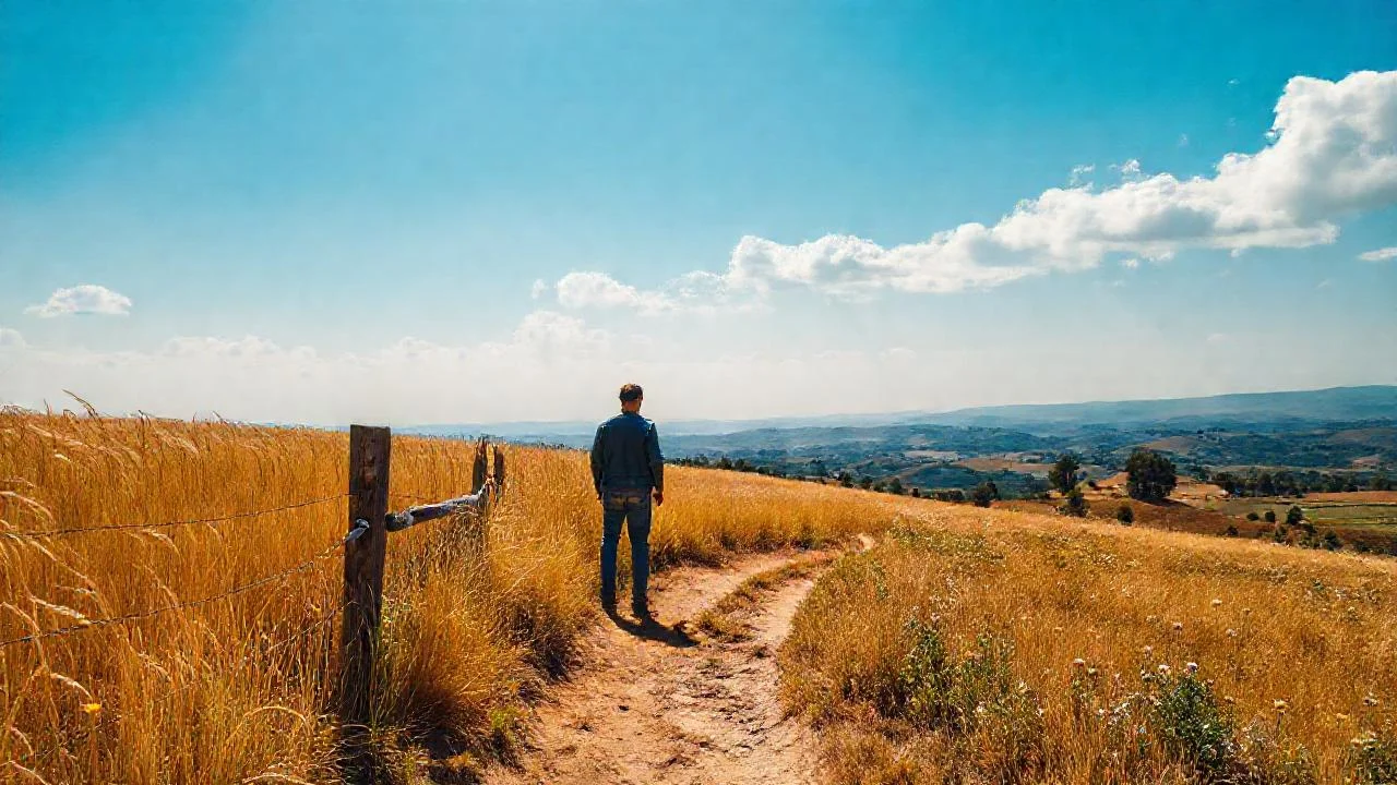 Campo dorado, figura solitaria, quietud serena