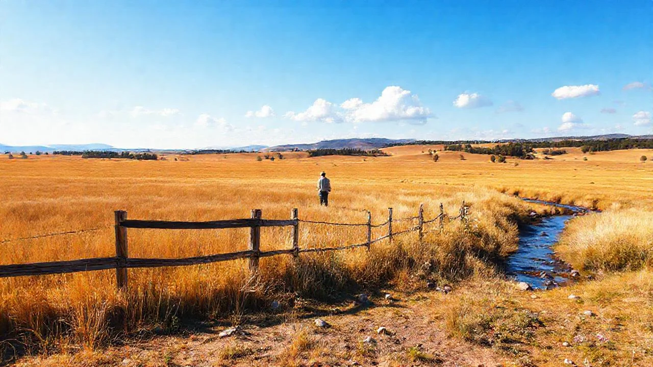 Campo abierto, figura observando la calma