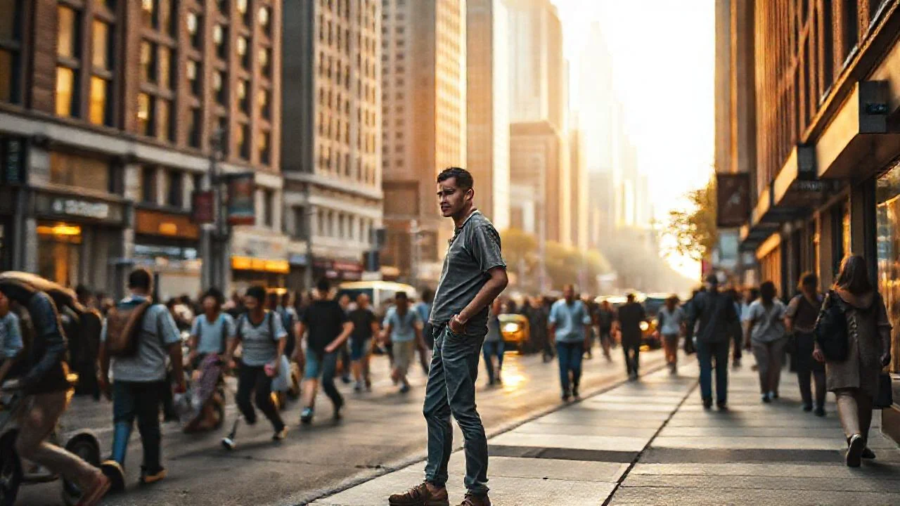 Ciudad vibrante, luz tenue y movimiento