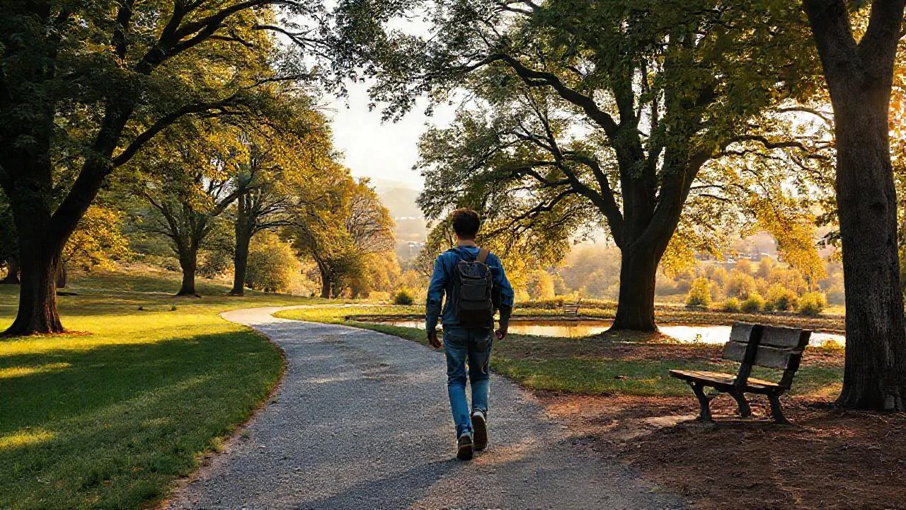 Un caminante solitario en un parque sereno