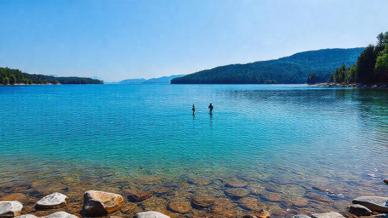 Lago tranquilo, reflejo sereno y distante