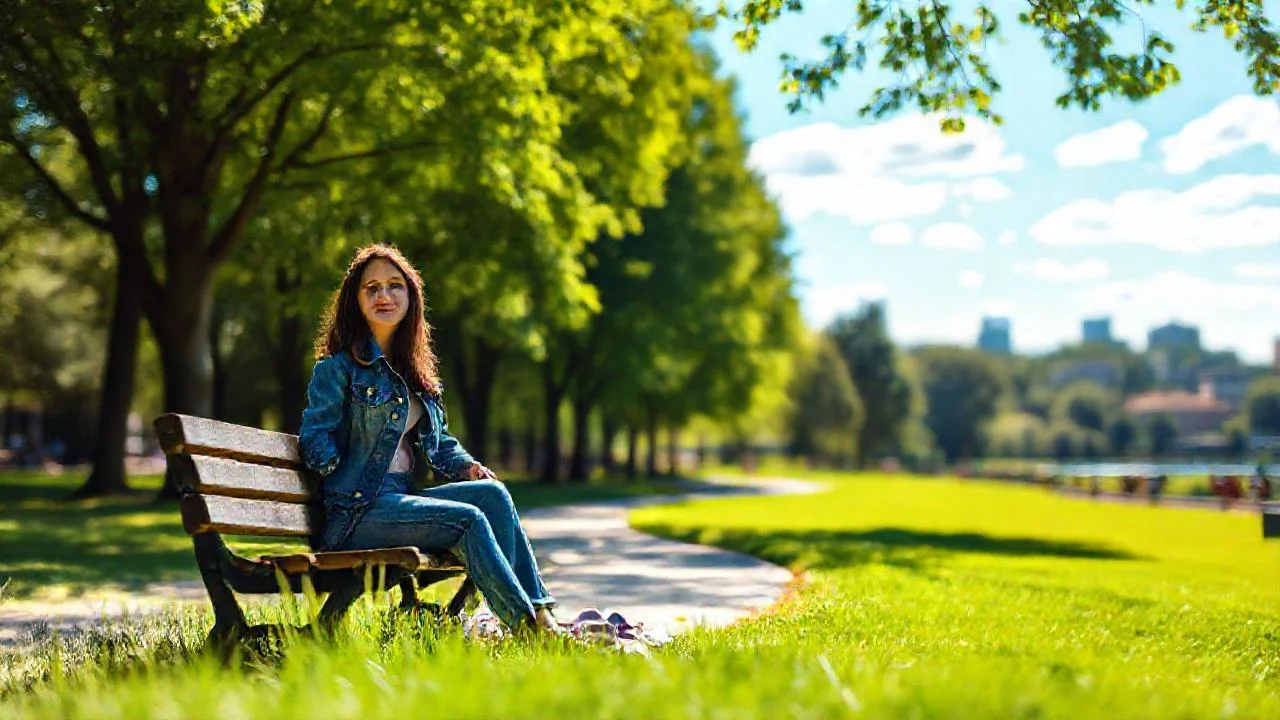 Parque soleado, mujer serena y tranquila