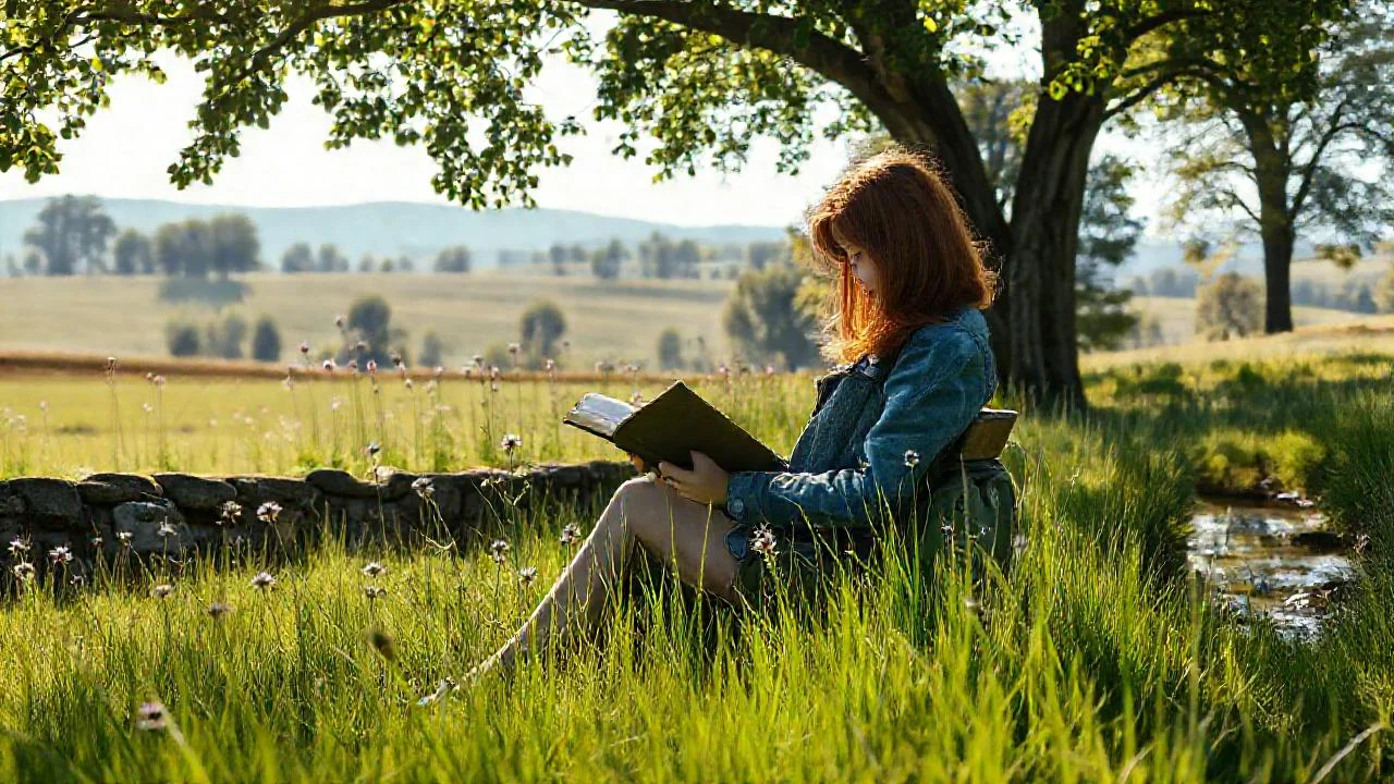Solitaria mujer lee en un campo sereno