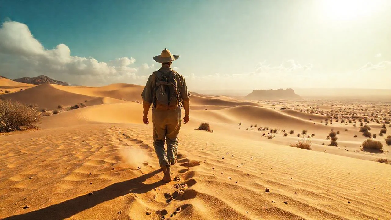 Un solitario caminante en el desierto