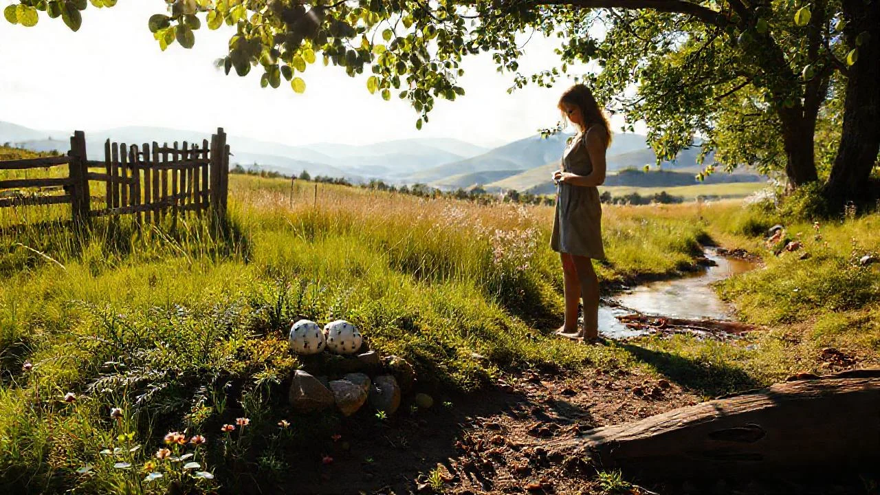 Mujer observa huevos, naturaleza serena