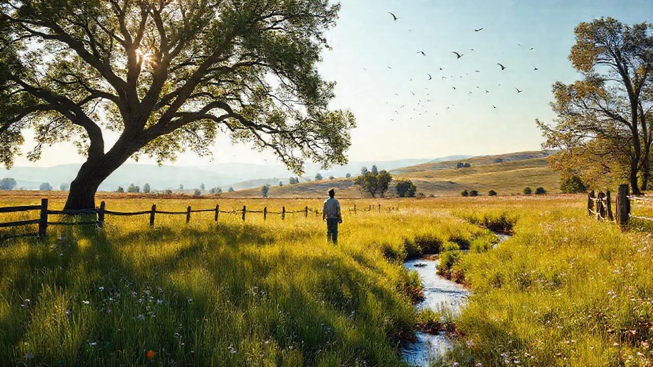 Un campo sereno, luz cálida y paz