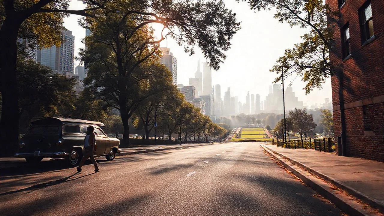 Ciudad vibrante bajo luz matutina