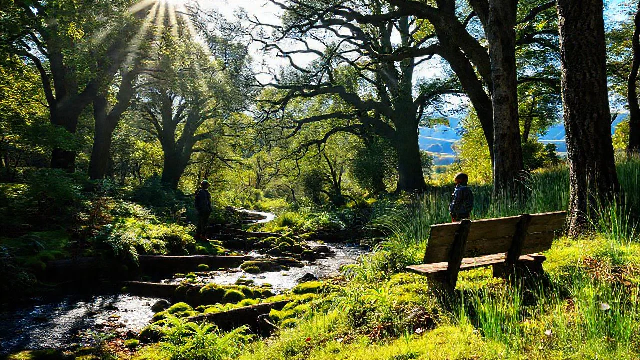 Bosque tranquilo, luz filtrada, figura solitaria