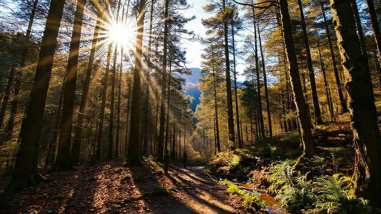 Bosque sereno, luz dorada y misterio