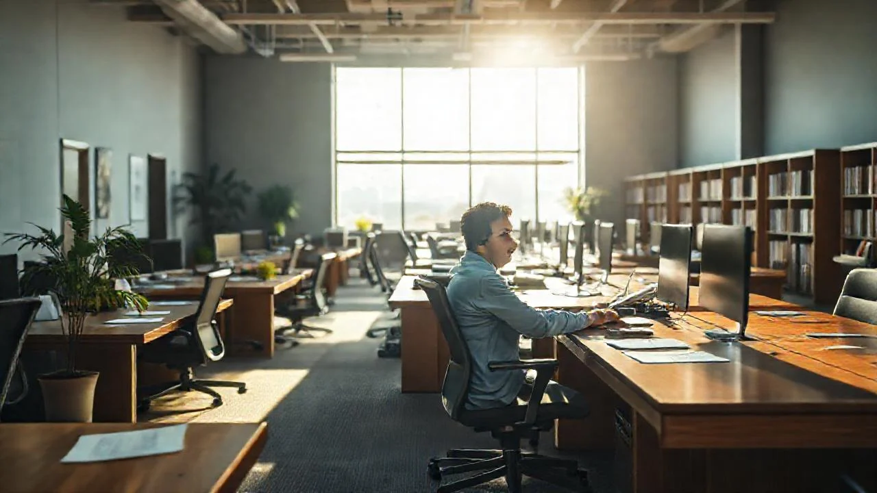 Oficina profesional, luz y trabajo concentrado