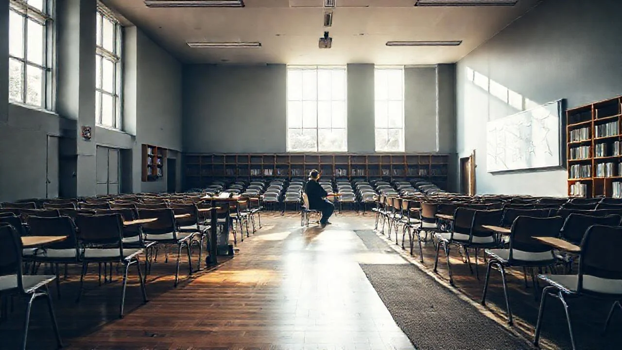 Una aula universitaria tranquila y luminosa