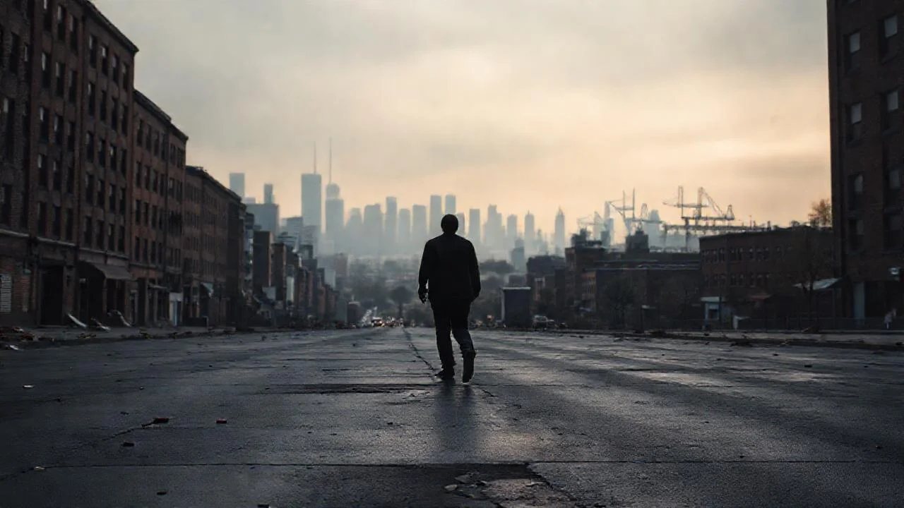 Ciudad en penumbra, solitaria y decadente