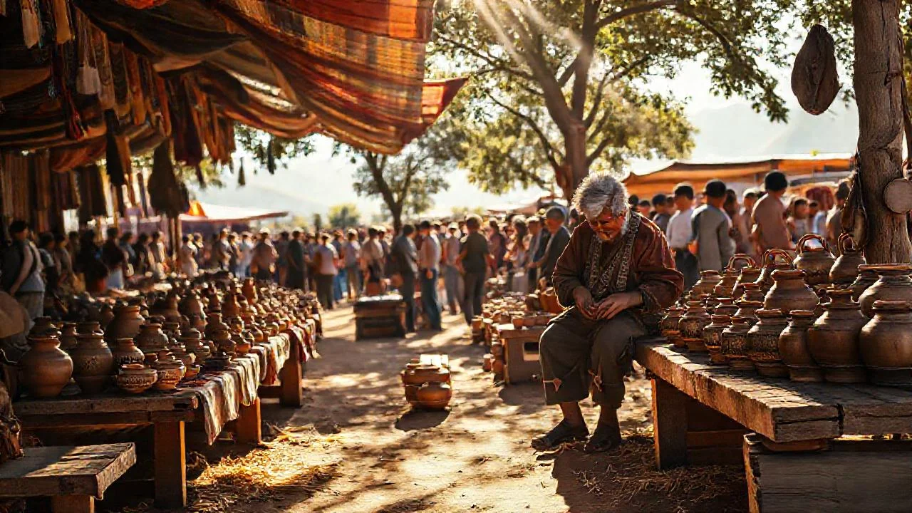 Mercado vibrante bajo sol cálido