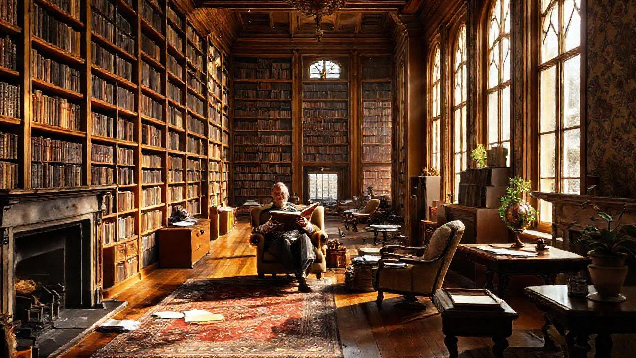Un bibliotecario lee en una estancia cálida