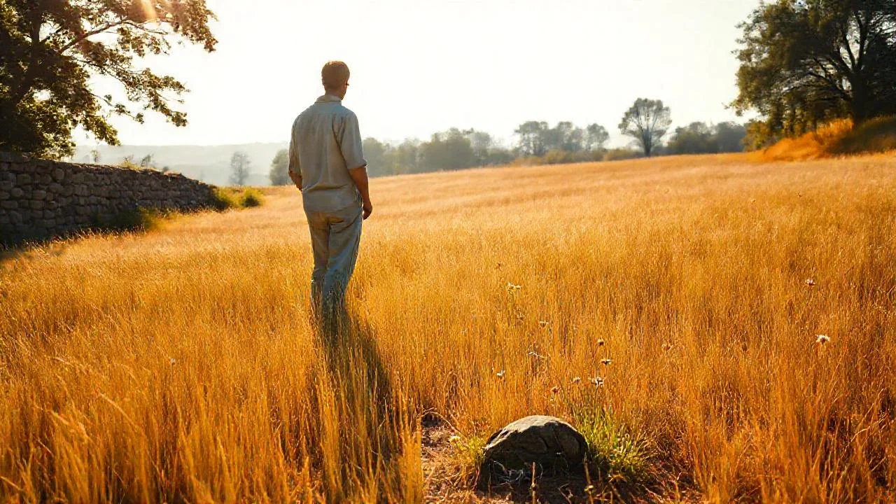 Un campesino solitario observa la tarde dorada
