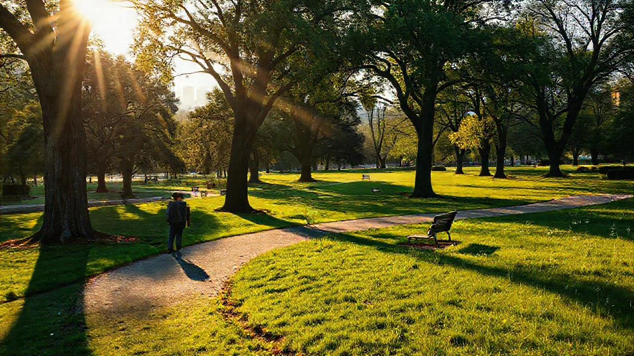 Parque urbano sereno, luz dorada, quietud