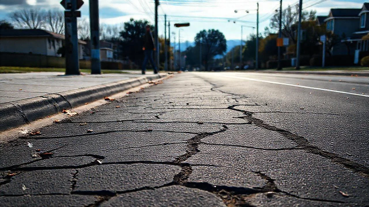 Calle suburbana, silenciosa y descolorida