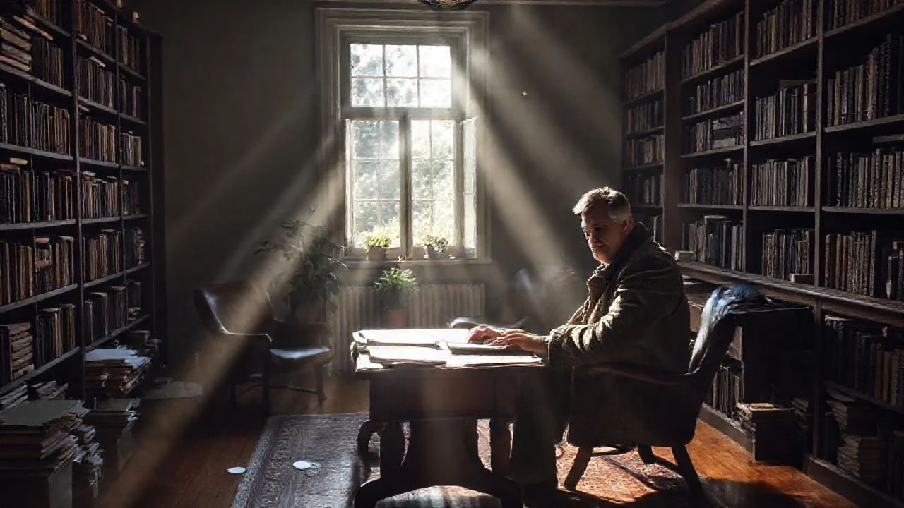 Un hombre lee en un estudio iluminado