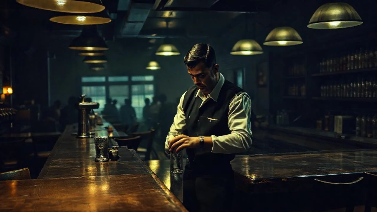 Bar sombrío, detalles realistas y atmósfera tranquila