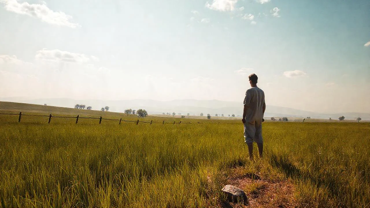 Campo verde, figura solitaria, quietud profunda
