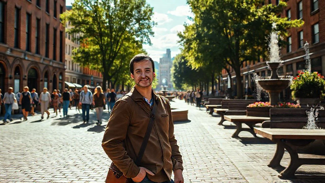 Plaza urbana tranquila, luz cálida y calma