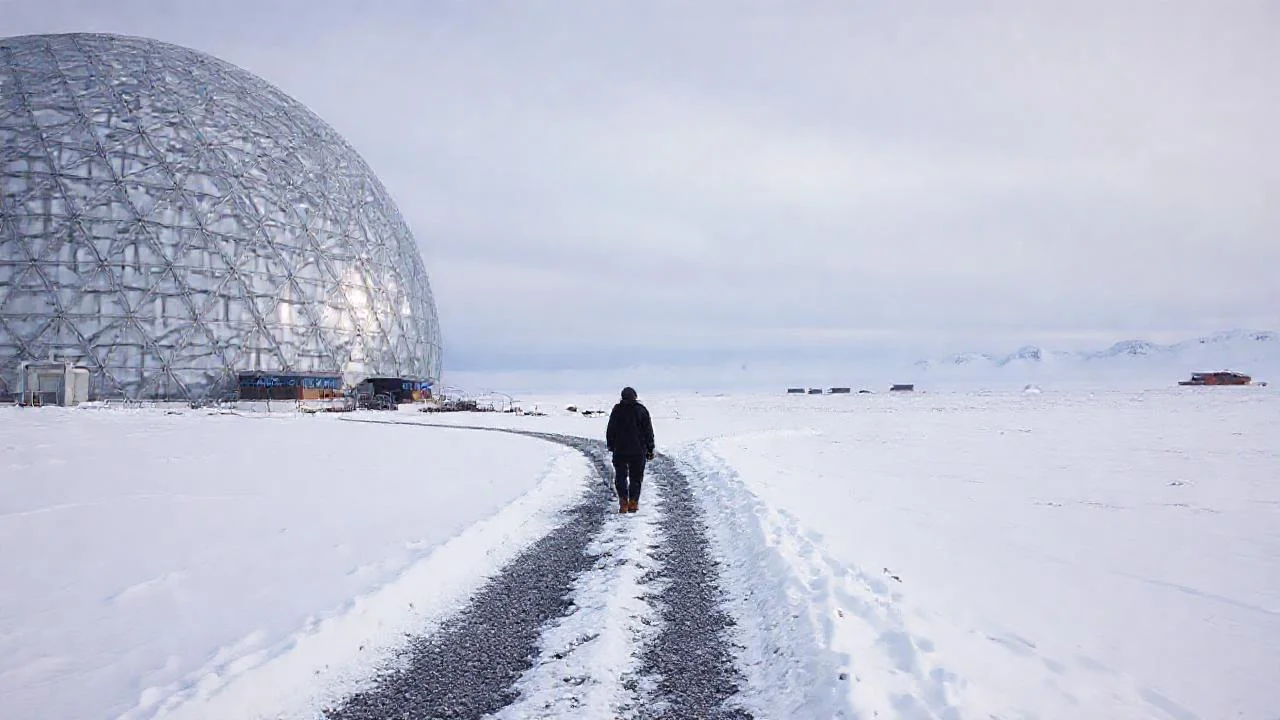 Un solitario explorador camina en blanco