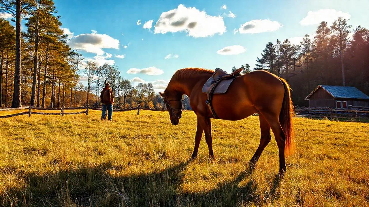 Campo dorado, caballo y luz cálida