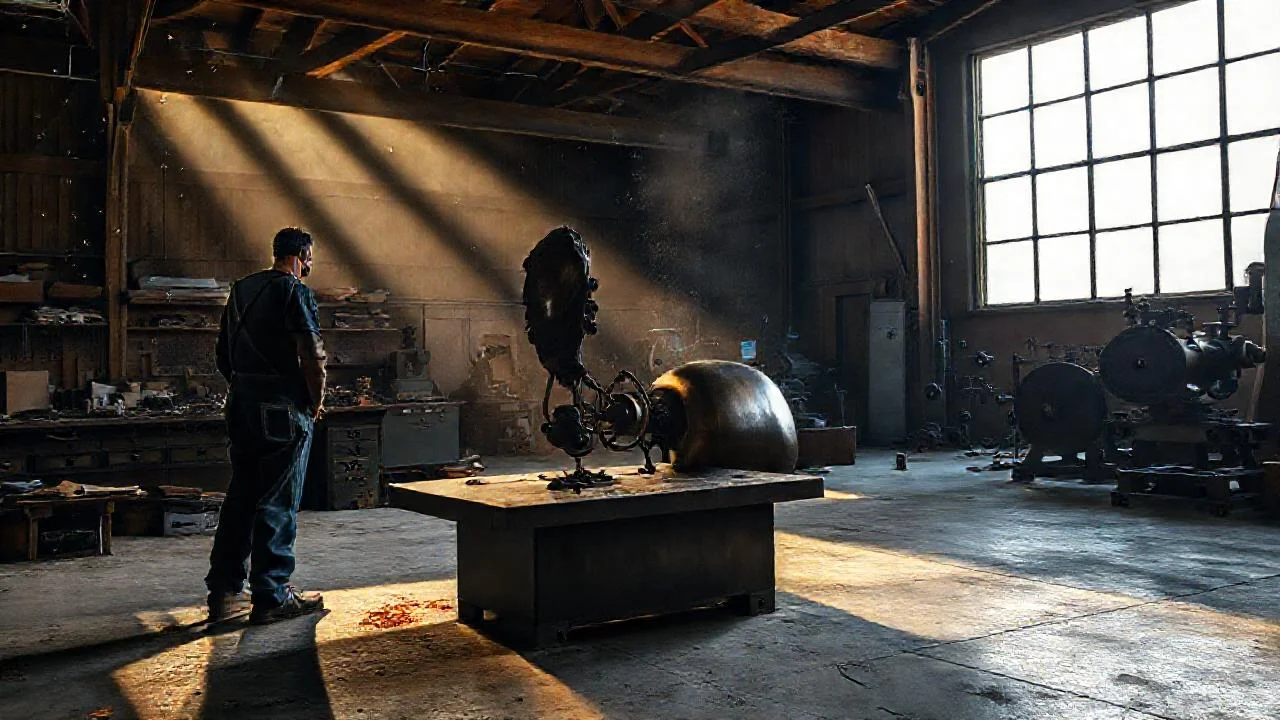 Un artesano observa su escultura en luz tenue