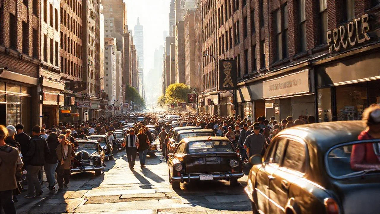 Ciudad vibrante, luz y movimiento urbano