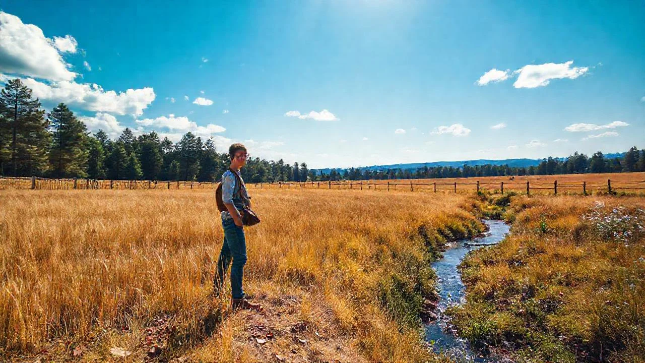 Campo dorado, figura solitaria, paz serena