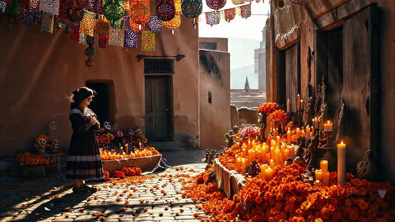 Celebración de Día de Muertos, serena y colorida