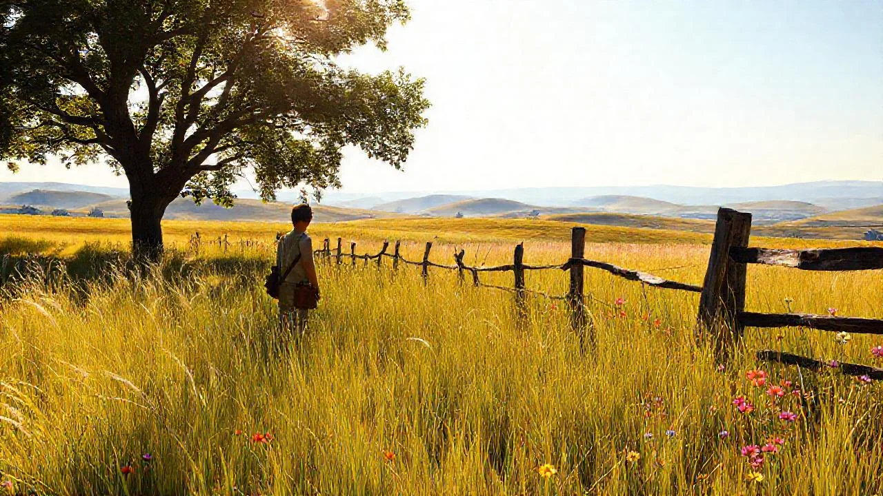 Campo soleado, figura solitaria y paz