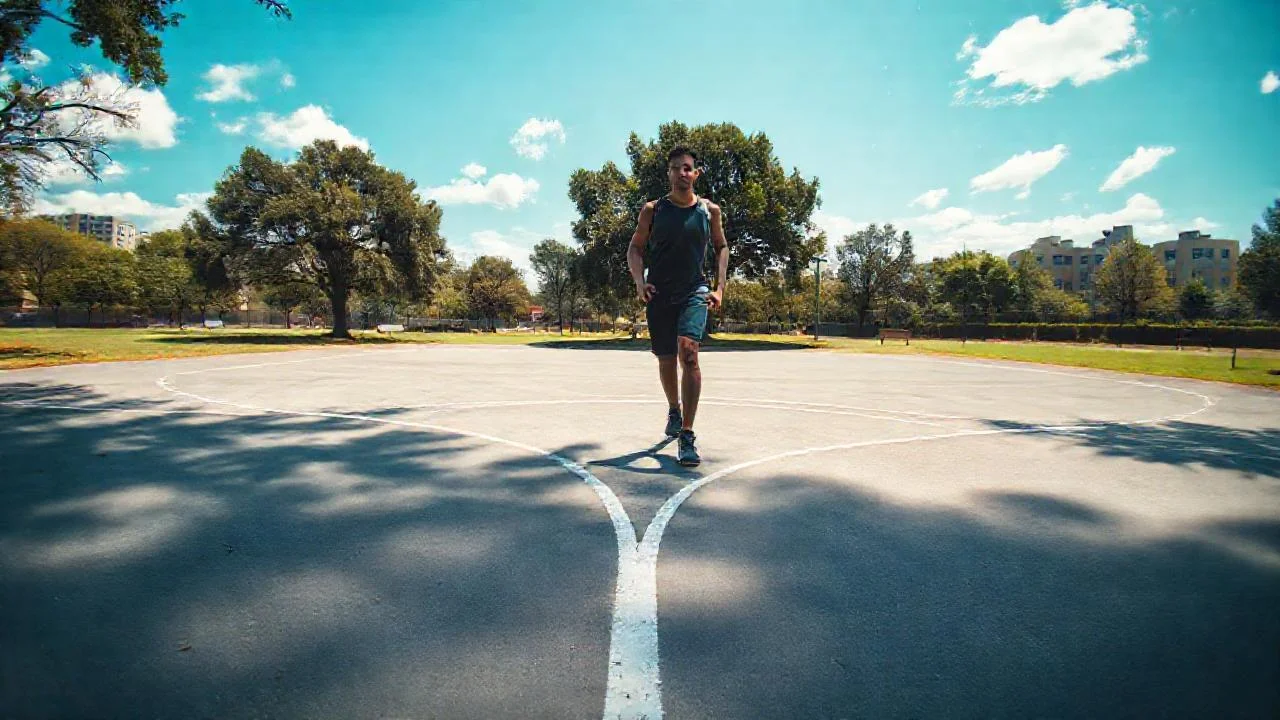 Un atleta corre en un patio urbano