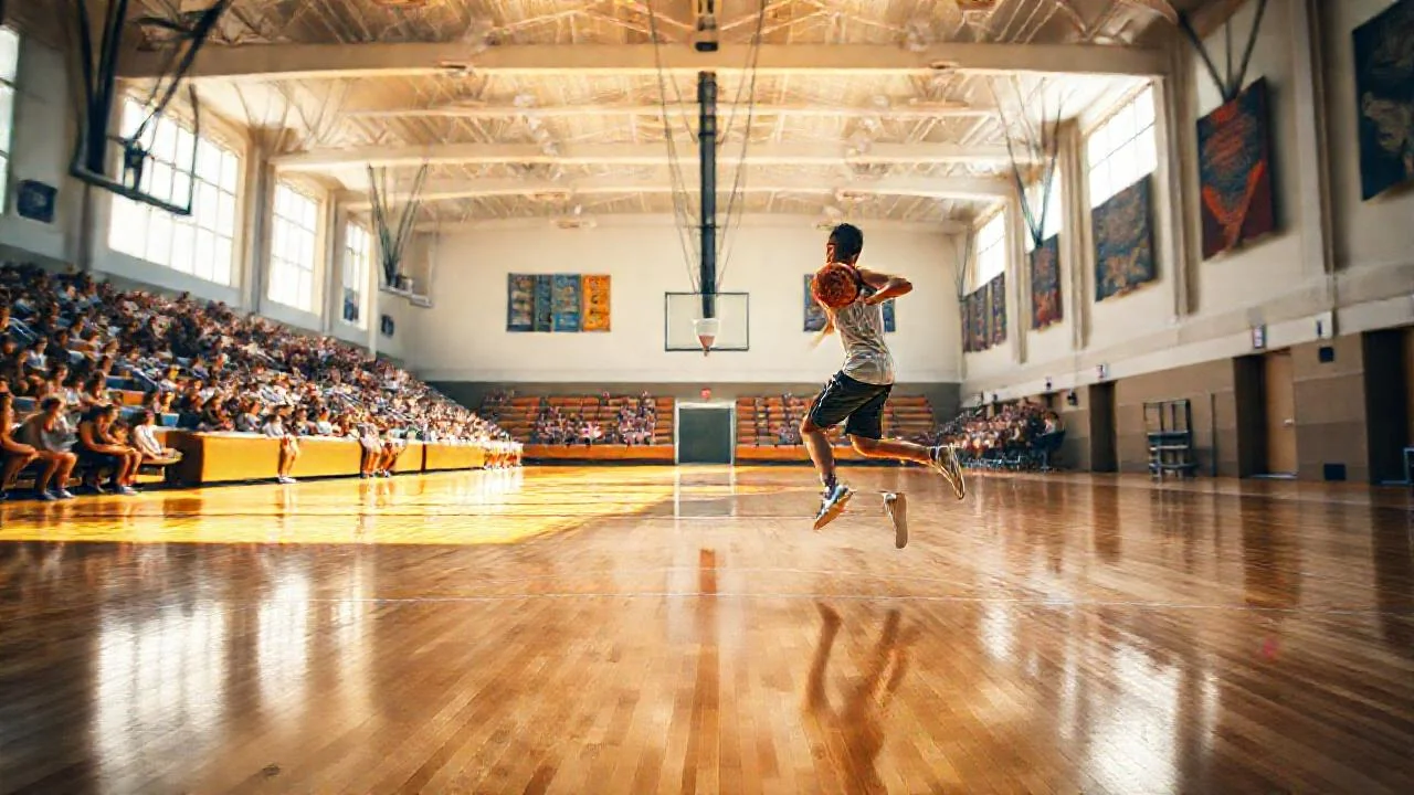 Un jugador dribla en un gimnasio vibrante