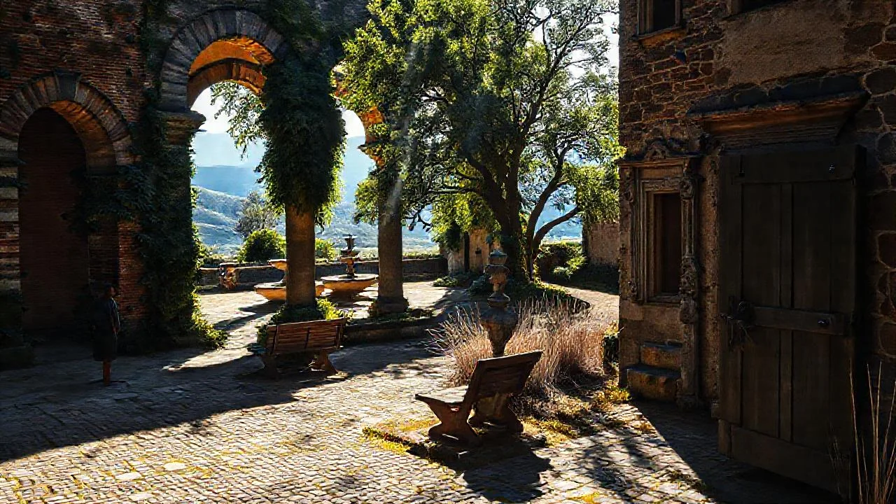 Un pátio antiguo, lleno de sombras