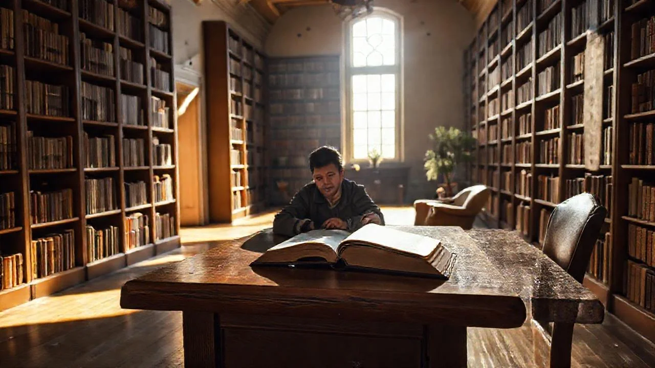 Biblioteca antigua, luz cálida y quietud
