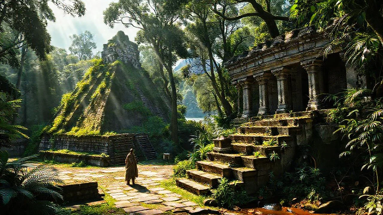 Jungle antiguo, piedra, luz y misterio