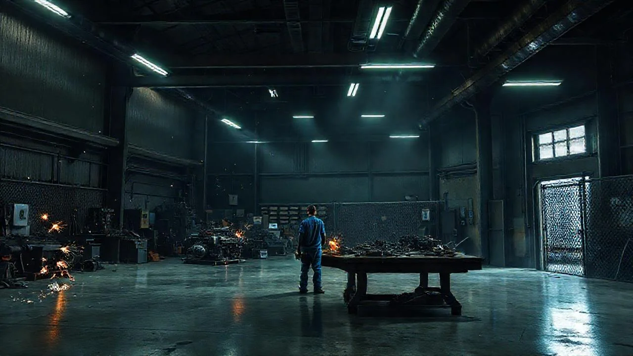 Un taller industrial refleja trabajo y sombras