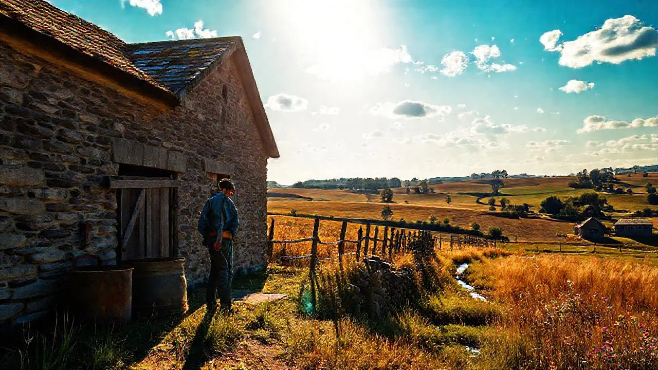 Campo tranquilo, figura solitaria, serenidad rural