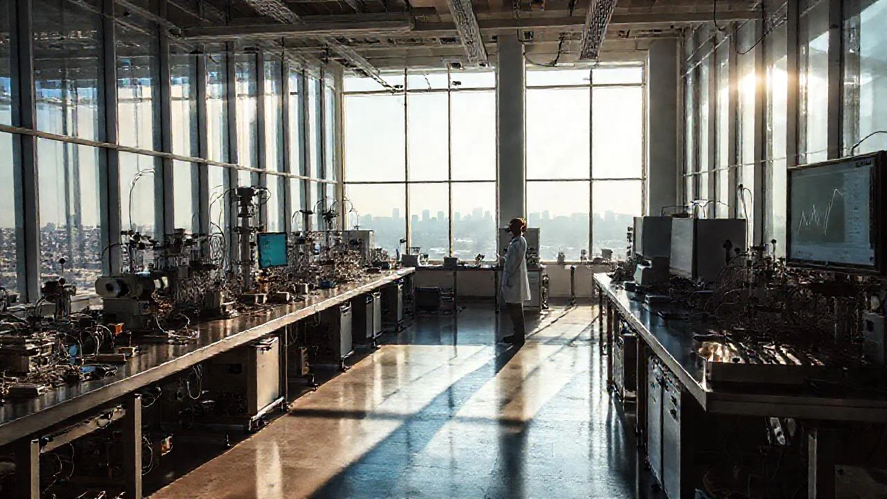 Laboratorio científico, luz y reflexión