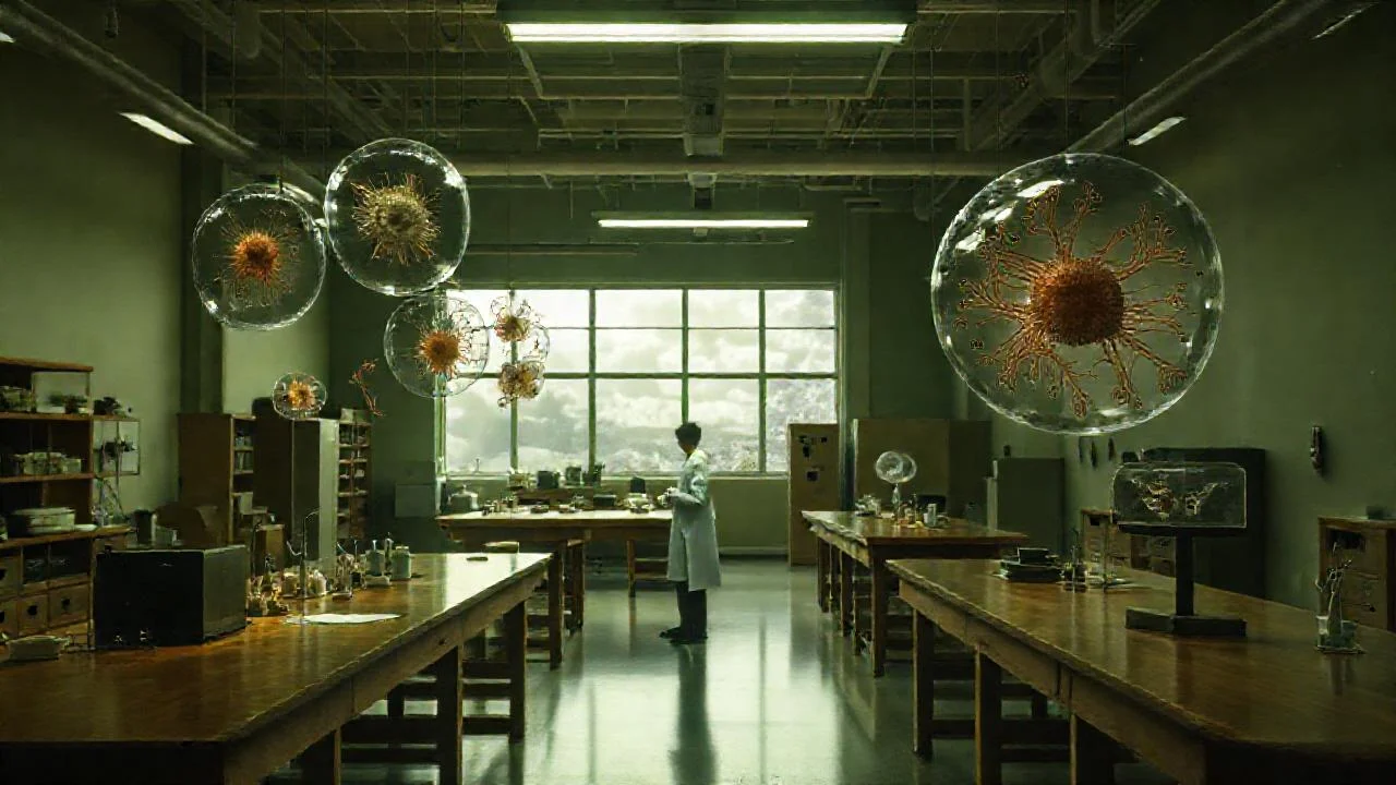 Laboratorio científico, atmósfera concentrada y detallada