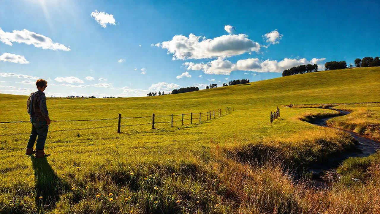 Campo verde y tranquilo, observador solitario
