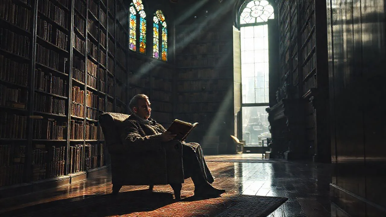 Un hombre lee en una biblioteca antigua