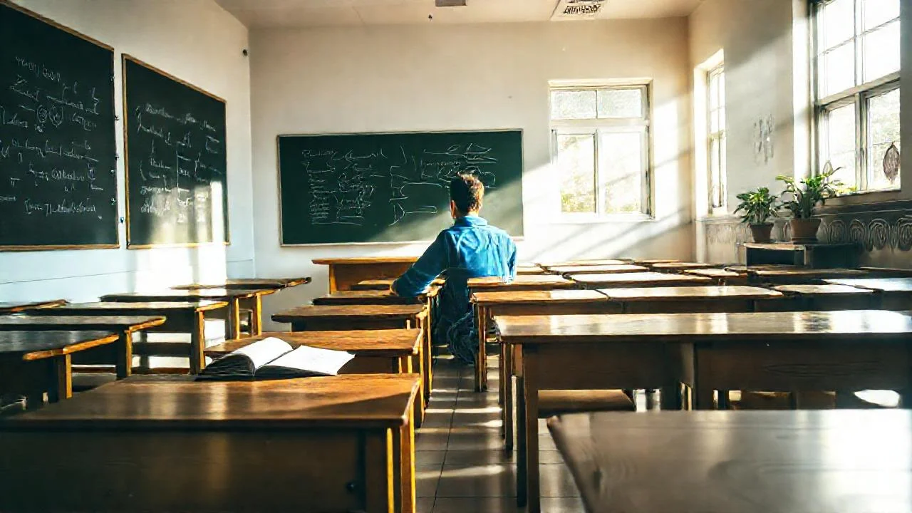 Aula iluminada, estudio concentrado y realista