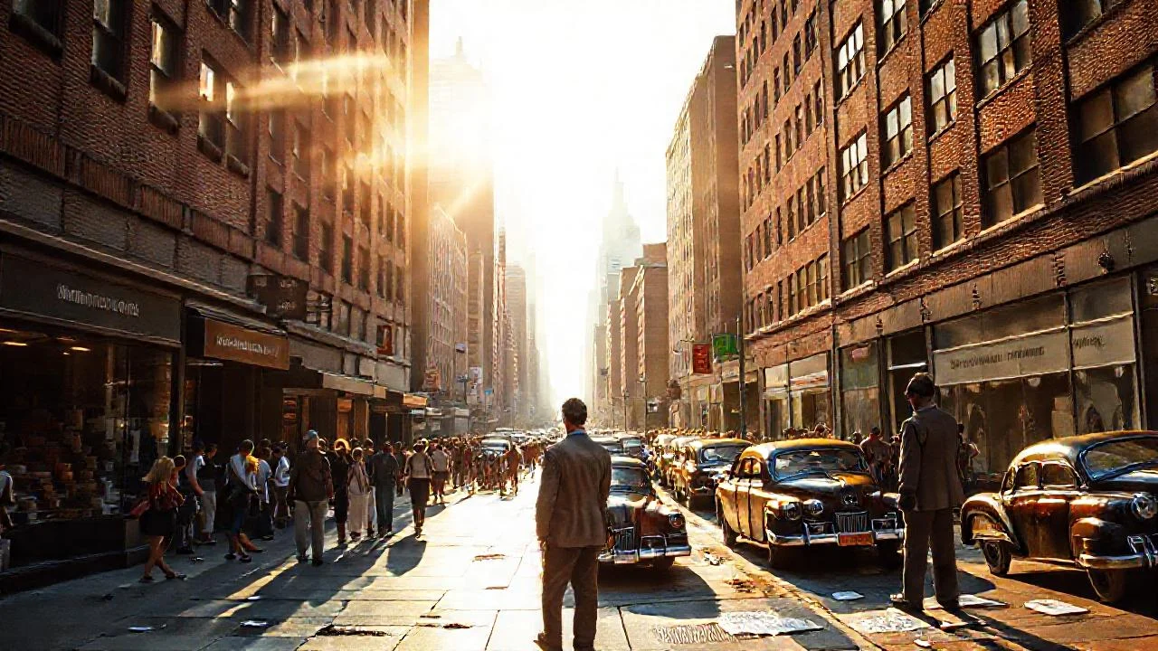 Ciudad vibrante bajo luz tenue