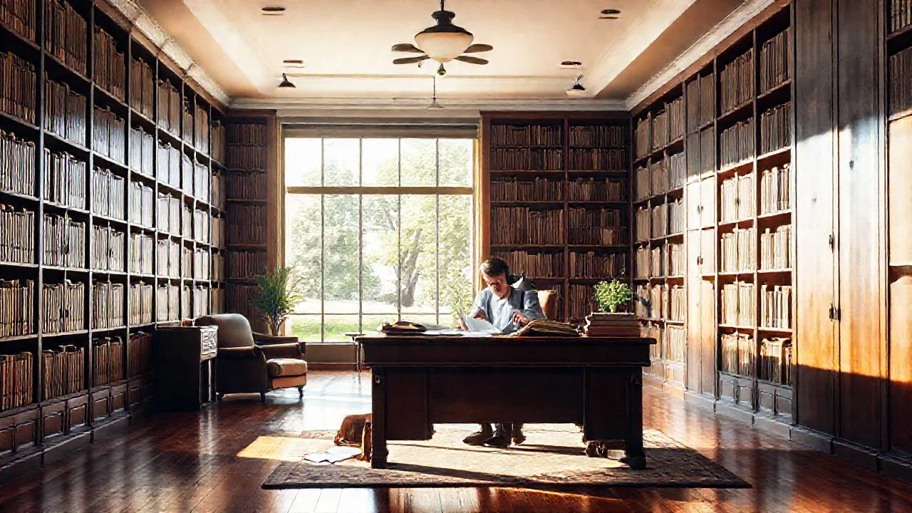Concentración silenciosa en la biblioteca iluminada